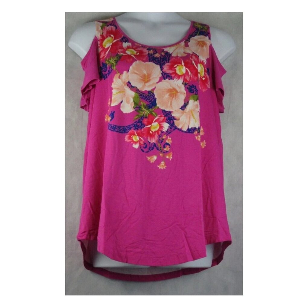 JM Collection Women's Plus Size Cold-Shoulder T-Shirt Top, Fuchsia Floral